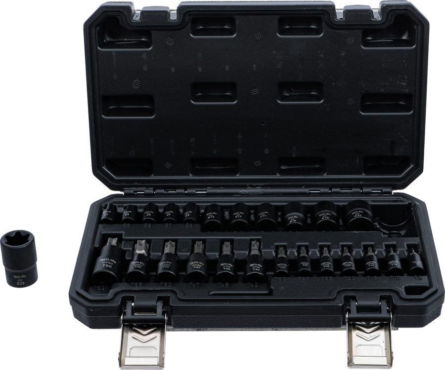 Uzgaļu ligzdu/ligzdu ligzdu komplekts | Iekšējā kvadrātveida piedziņa 6,3 mm (1/4"), 10 mm (3/8"), 12,5 mm (1/2") | E-profils / T-profils (Torx) | 25 gab.