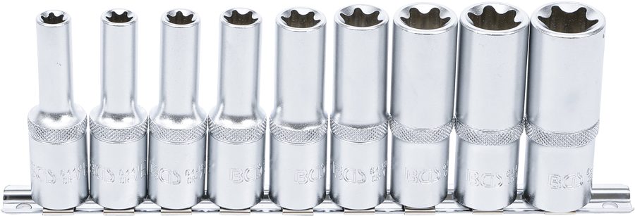 Uzgriežņu atslēgu ieliktņu komplekts E-profils, dziļš | Iekšējā kvadrātveida piedziņa 12,5 mm (1/2") | SW E10 - E24 | 9 gab.