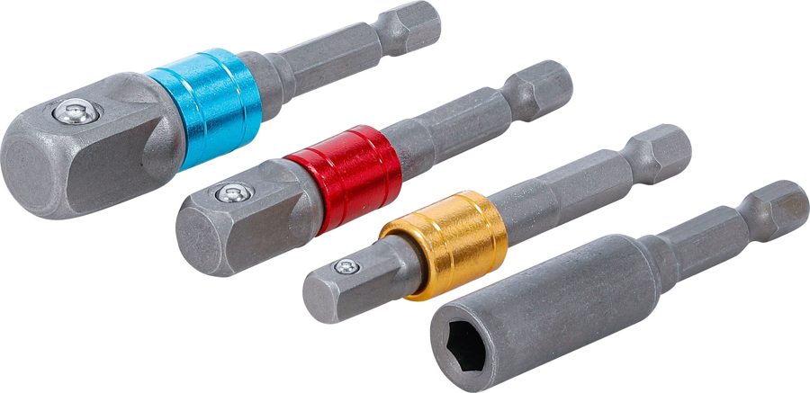 Adapteri komplekts urbjiem | krāsains | Piedziņas ārējais sešstūris 6,3 mm (1/4") | Izejas ārējais kvadrāts 6,3 mm (1/4"), 10 mm (3/8"), 12,5 mm (1/2"), iekšējais sešstūris 6,3 mm (1/4") | 4 gab.