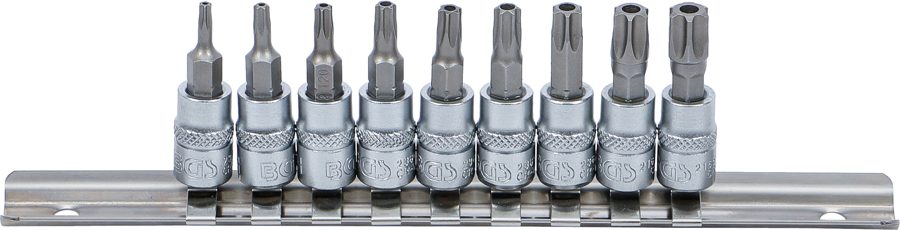 Uzgaļu ieliktņu komplekts | Iekšējā kvadrātveida piedziņa 6,3 mm (1/4") | T-profils (Torx) ar atveri T10 - T50 | 9 gab.