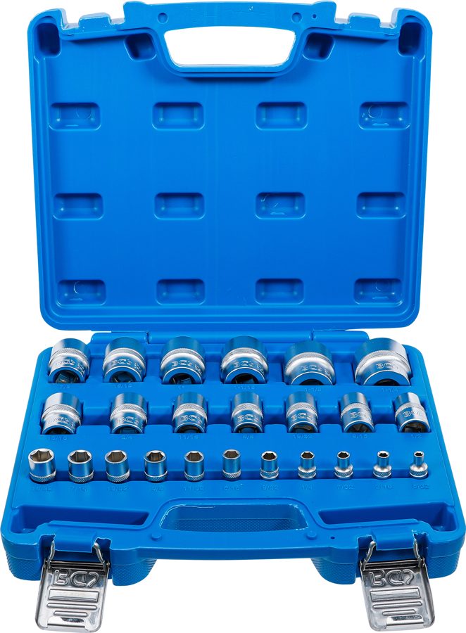 Uzgriežņu atslēgu ieliktņu komplekts, sešstūris | Piedziņas iekšējais kvadrāts 6,3 mm (1/4"), 12,5 mm (1/2") | Collu izmēri | 24 gab