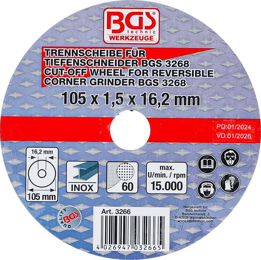 Griešanas disks BGS dziļuma griezējam | Ø 105 x 1,5 x 16,2 mm