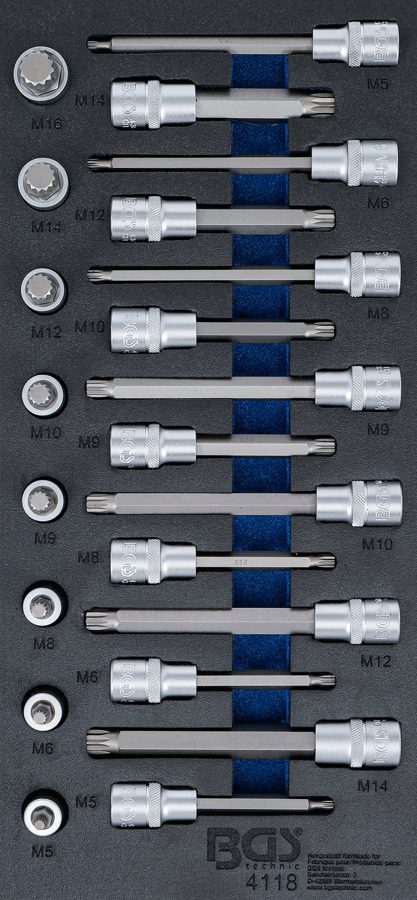 Darbnīcas ratiņu ieliktnis 1/3: uzgaļu ieliktņu komplekts | Piedziņas iekšējais kvadrāts 12,5 mm (1/2") | iekšējais spline (XZN) | 22 gab.