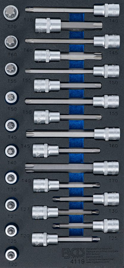 Darbnīcas ratiņu ieliktnis 1/3: uzgaļu ieliktņu komplekts | Iekšējā kvadrātveida piedziņa 12,5 mm (1/2") | T-profils (Torx) | 26 gab.
