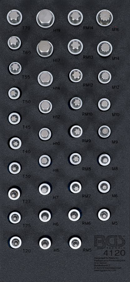 Darbnīcas ratiņu ieliktnis 1/3: uzgaļu ieliktņu komplekts | Piedziņas iekšējais kvadrāts 12,5 mm (1/2") | iekšējais sešstūris, T-profils (Torx), iekšējais šķautne (XZN), ķīļprofils (RIBE) | 36 gab.