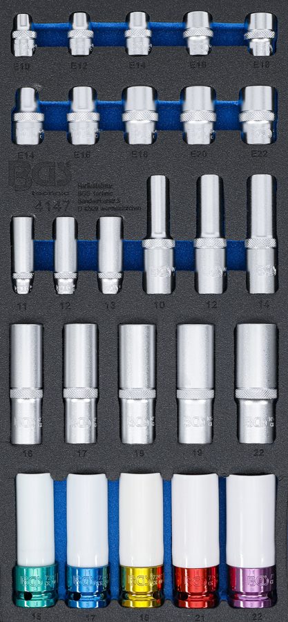 Darbnīcas ratiņu ieliktnis 1/3: Uzgriežņu atslēgas ieliktņi | Sešstūris, dziļums 11 - 22 mm | E-profils E10 - E22 | 6,3 mm (1/4 collas), 10 mm (3/8 collas), 12,5 mm (1/2 collas) | 26 gab.