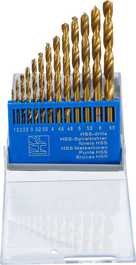 HSS vītņurbjmašīnu komplekts | titāna nitrēts | 1,5–6,5 mm | 13 gab.