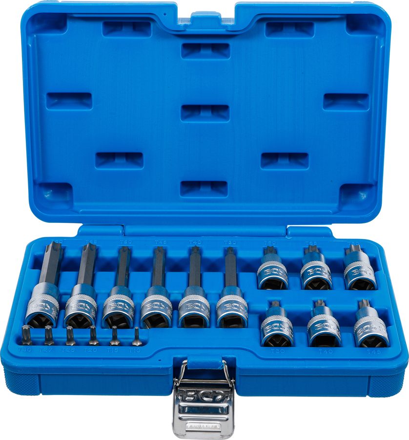 Uzgaļu ieliktņu komplekts | Piedziņas iekšējais kvadrāts 6,3 mm (1/4") / 12,5 mm (1/2") | T-profils (Torx) | 18 gabali