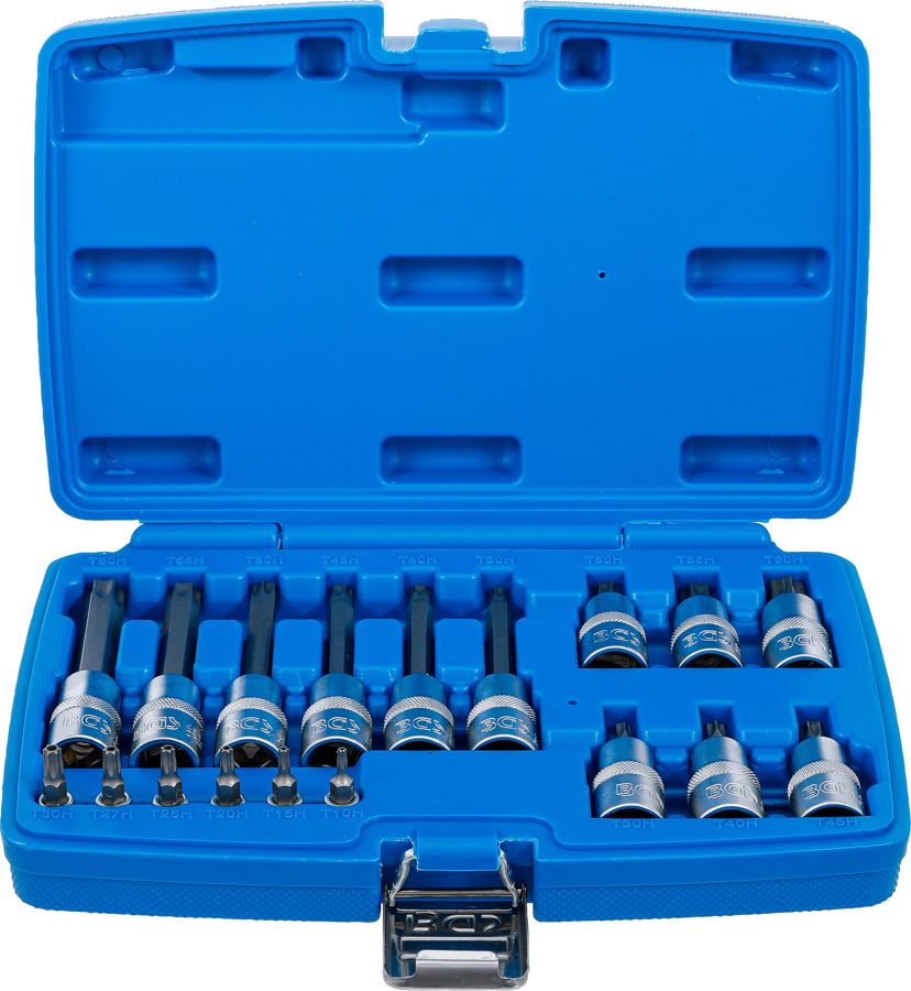 Uzgaļu ieliktņu komplekts | Piedziņas iekšējais kvadrāts 6,3 mm (1/4") / 12,5 mm (1/2") | T-profils (Torx) ar caurumu | 18 gabali