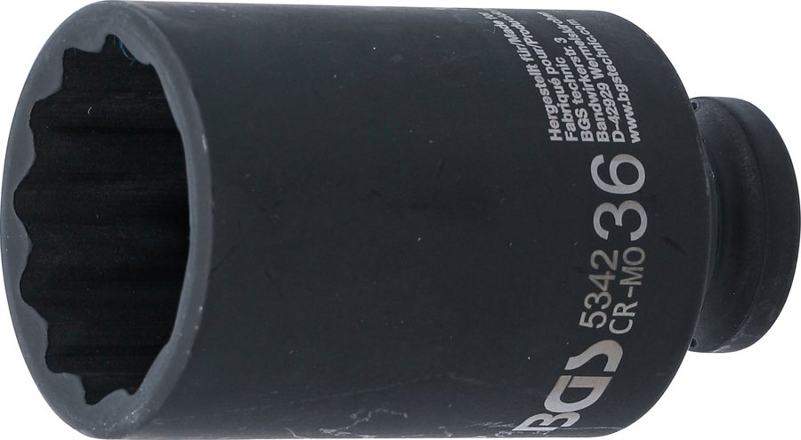 Divpadsmit punktu trieciena uzgriežņu atslēgas ieliktnis, dziļš | Piedziņas iekšējais kvadrāts 12,5 mm (1/2") | SW 36 mm