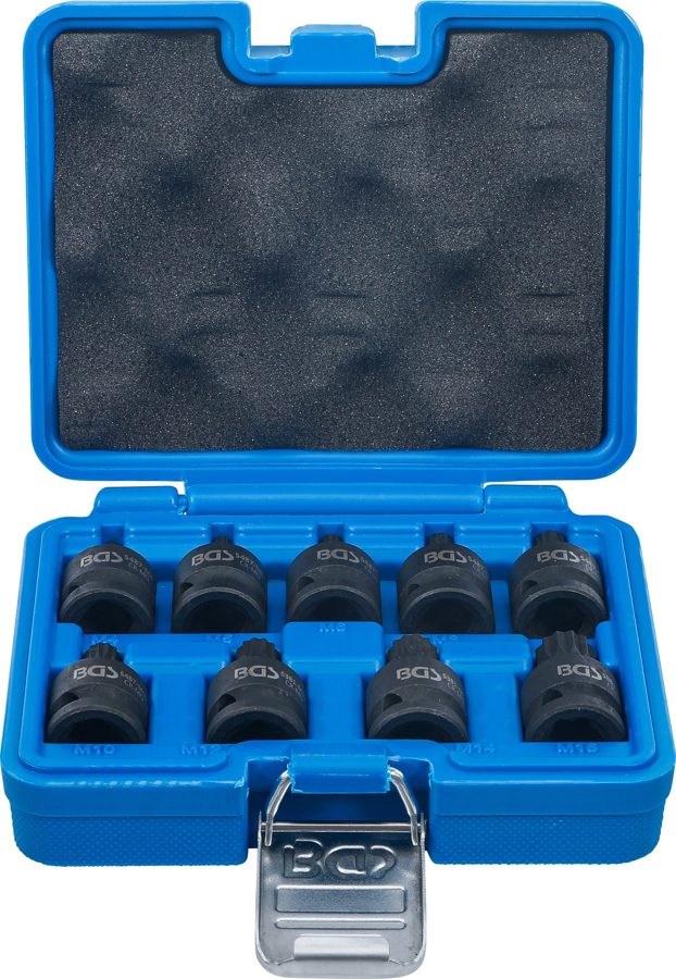 Jaudas uzgaļu ieliktņu komplekts | Piedziņas iekšējais kvadrāts 12,5 mm (1/2") | iekšējais spline (XZN) M4 - M16 | 9 gab.
