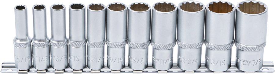 Uzgriežņu atslēgu ieliktņu komplekts, divpadsmit punktu, dziļš | Iekšējā kvadrātveida piedziņa 10 mm (3/8") | collu izmēri | 11 gab.