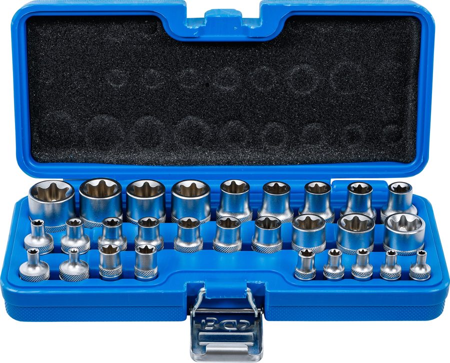 Uzgriežņu atslēgu ieliktņu komplekts, E-profils | Piedziņas iekšējais kvadrāts 6,3 mm (1/4") / 12,5 mm (1/2") | SW E4 - E24 | 28 gabali