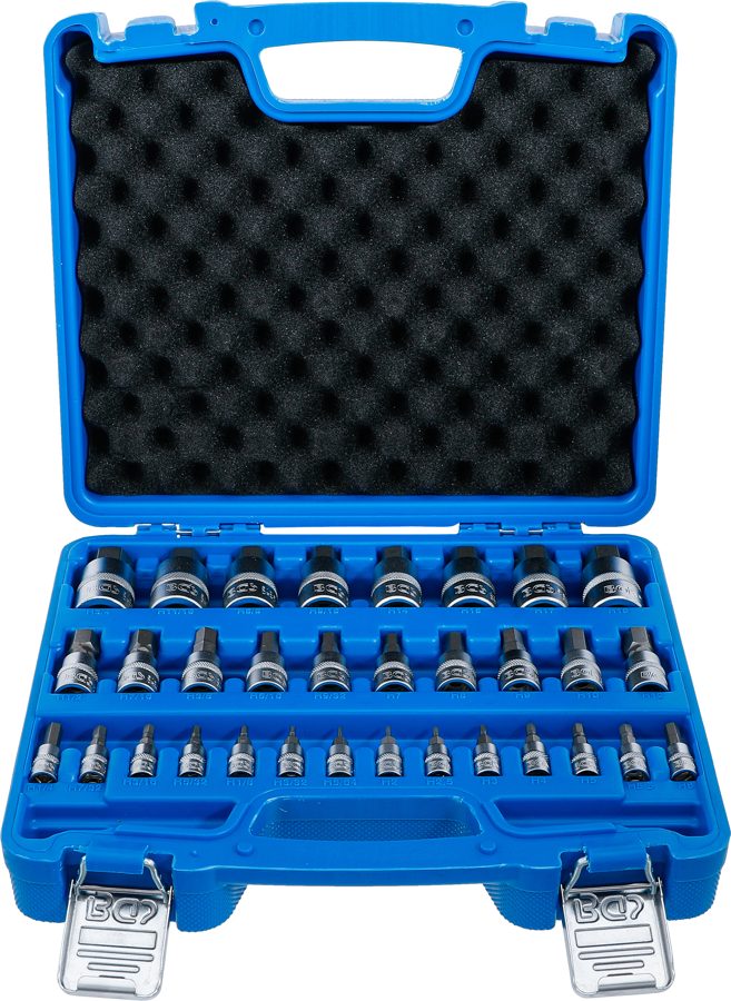Uzgaļu ieliktņu komplekts | Piedziņas iekšējais kvadrāts 6,3 mm (1/4 collas) / 10 mm (3/8 collas) / 12,5 mm (1/2") | iekšējais sešstūris 2–19 mm / 1/4–9/16" | Metriskie un collu izmēri | 32 gabali