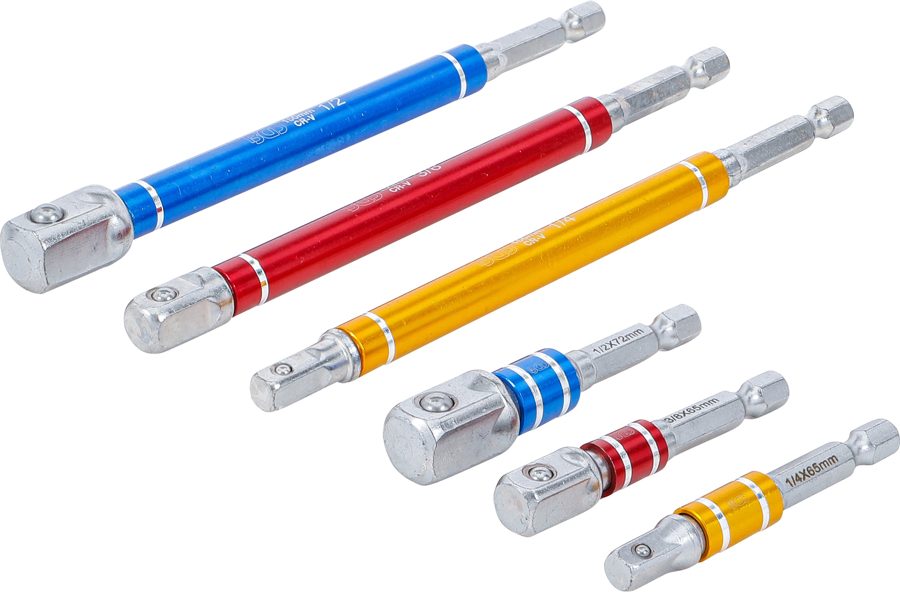 Adapteri komplekts urbjiem | krāsains | Piedziņas ārējais sešstūris 6,3 mm (1/4") | Izejas ārējais kvadrāts 6,3 mm (1/4"), 10 mm (3/8"), 12,5 mm (1/2") | 75 - 150 mm | 6 gab.