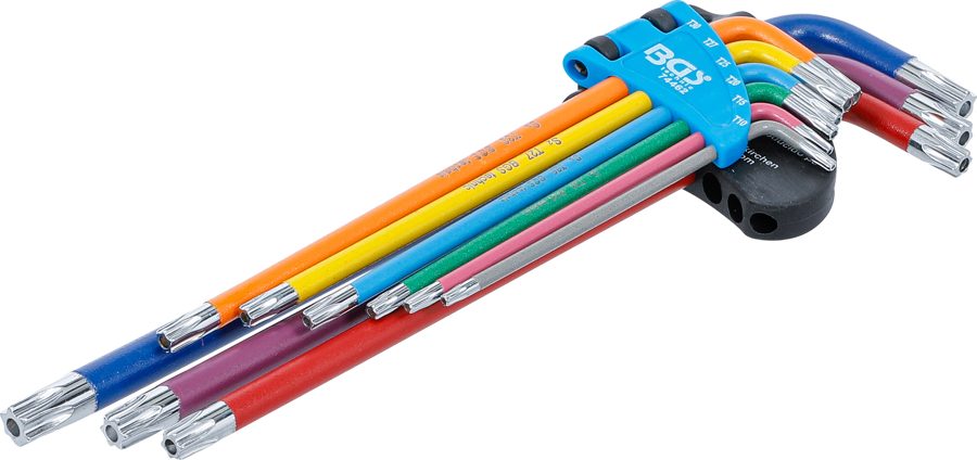 L-atslēgu komplekts | Daudzkrāsains | īpaši garš | T-profils (Torx) ar urbumu T10 - T50 | 9 gab.