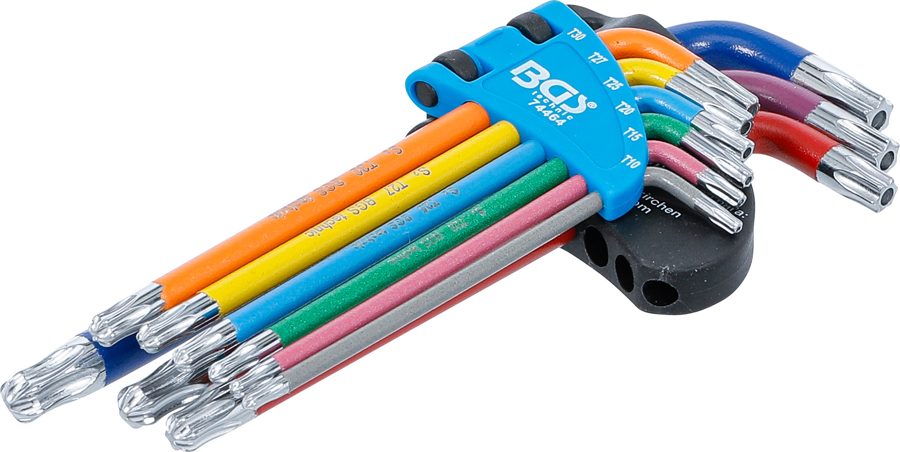 L-atslēgu komplekts | Daudzkrāsains | T-profils (Torx) ar caurumu un lodveida galvu T10 - T50 | 9 gab.