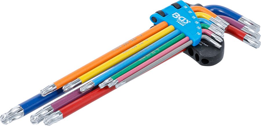 L-atslēgu komplekts | Daudzkrāsains | īpaši garš | T-profils (Torx) ar lodveida galvu T10 - T50 | 9 gab.