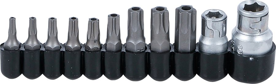 bitu komplekts | Piedziņas ārējais sešstūris 6,3 mm (1/4") / 10 mm (3/8") | T-profils (Torx) ar caurumu | 11 gab.