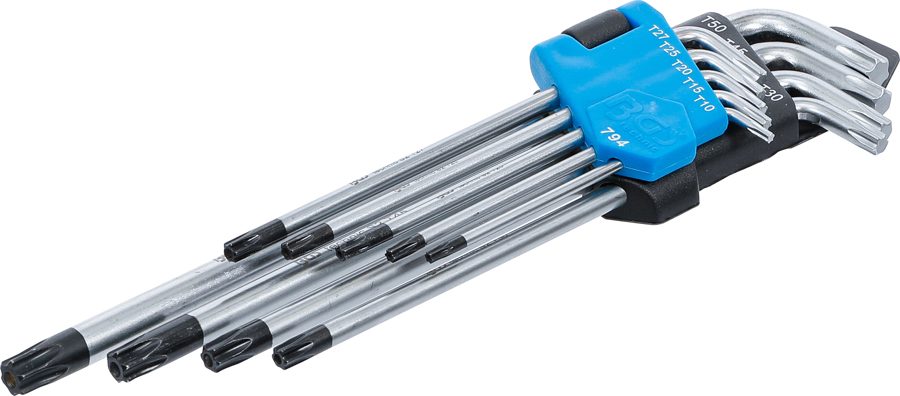 L-atslēgu komplekts | īpaši garš | T-profils (Torx) ar urbumu T10 - T50 | 9 gab.