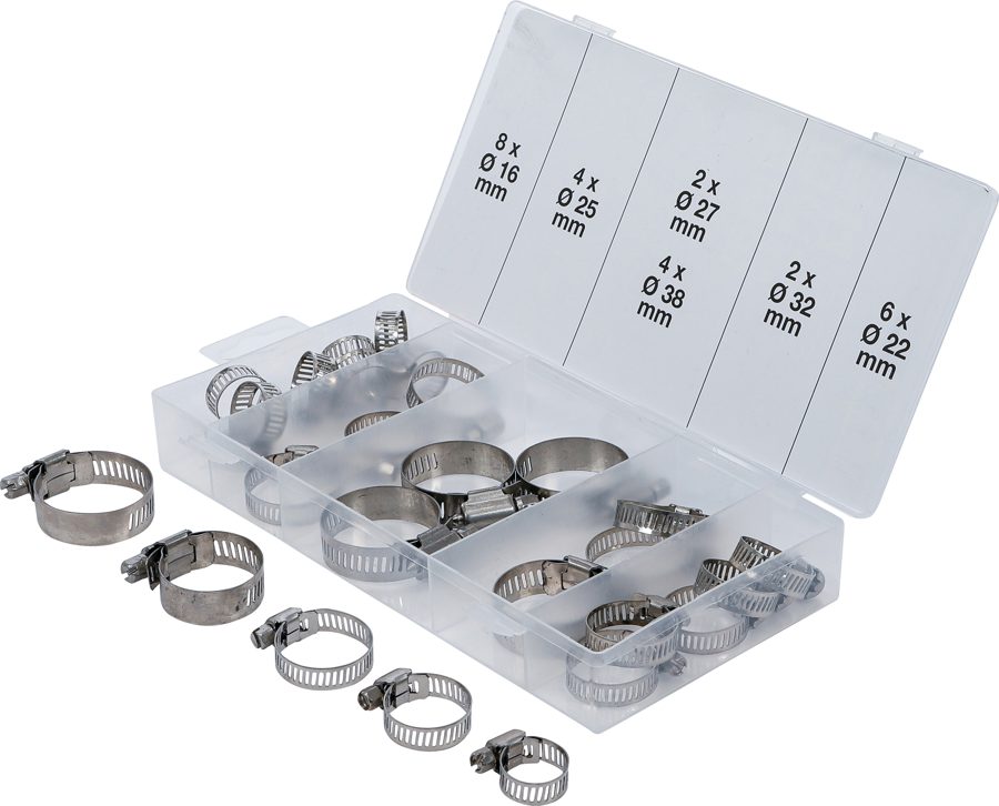 Šļūtenes skavu sortiments | nerūsējošais | Ø 16 - 38 mm | 26 gabali