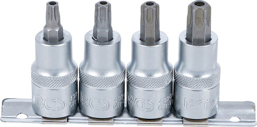 Uzgaļu ieliktņu komplekts | Piedziņas iekšējais kvadrāts 12,5 mm (1/2") | T-profils (Torx) ar urbumu T40 - T55 | 4-daļ.