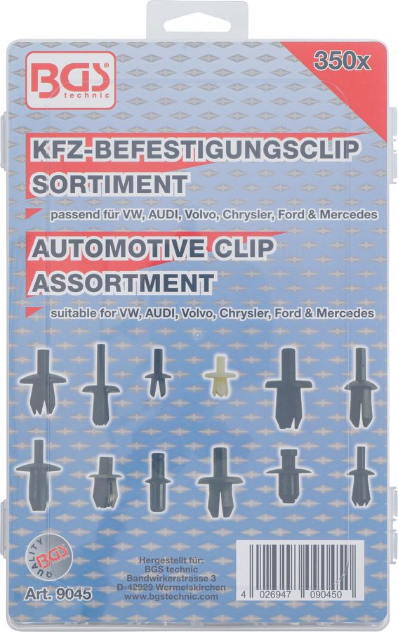 Automobiļu stiprinājumu klipu sortiments VW, Audi, Volvo, Chrysler, Ford, Mercedes-Benz | 350 gab