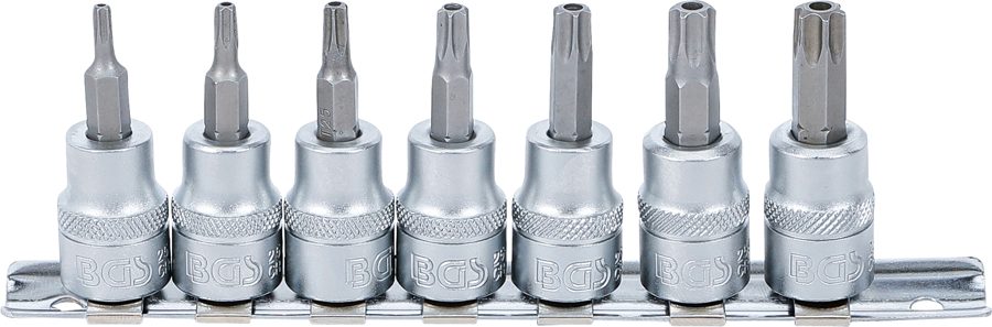 Uzgaļu ieliktņu komplekts | Piedziņas iekšējais kvadrāts 10 mm (3/8") | T-profils (Torx) ar urbumu T15 - T50 | 7-daļ.