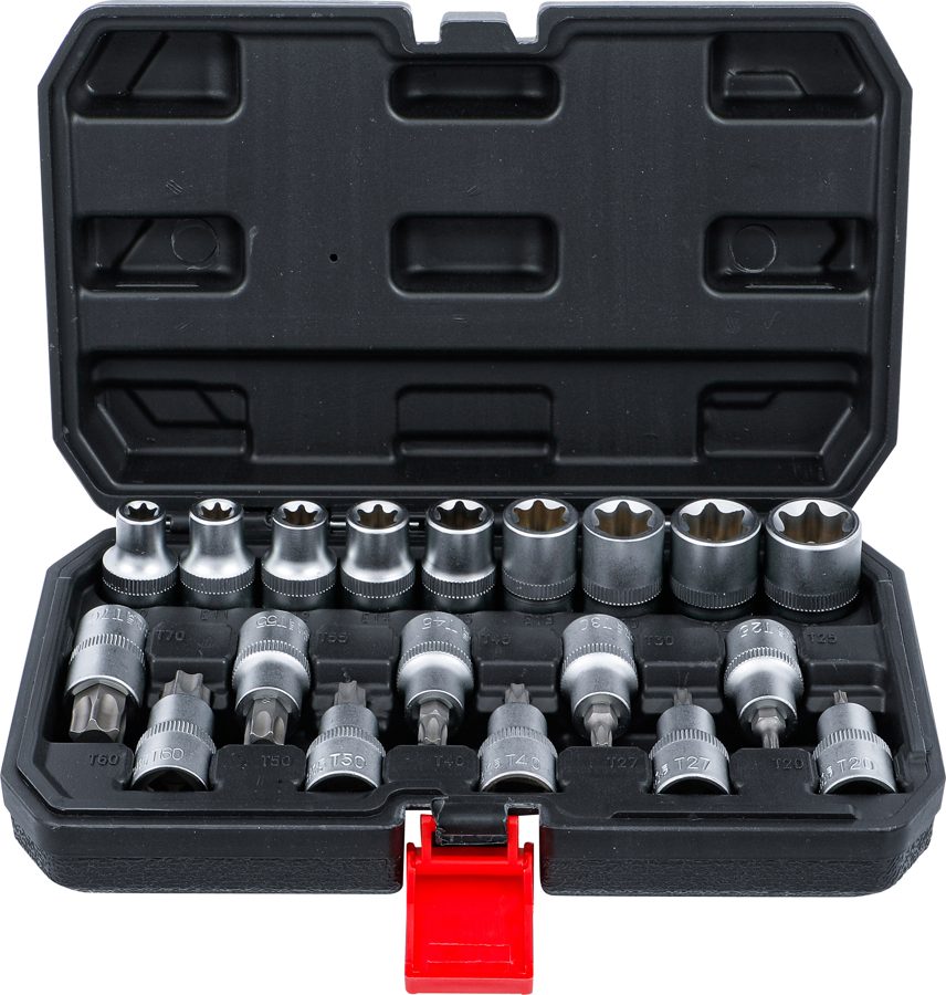 Uzgaļu ligzda/uzgriežņu atslēgu komplekts | Sešstūra ligzdas piedziņa 12,5 mm (1/2") | T-profils (Torx) / E-profils | 19 gab.