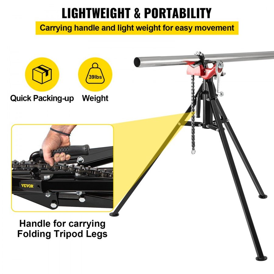 VEVOR Tripod Pipe Chain Vise | 1/8"-5" Pipe Capacity | 92.5 cm Length | Portable Folding Steel Legs | Grab, Support, and Bend Pipes | Ideal for Factory, Workshop, and Home Use