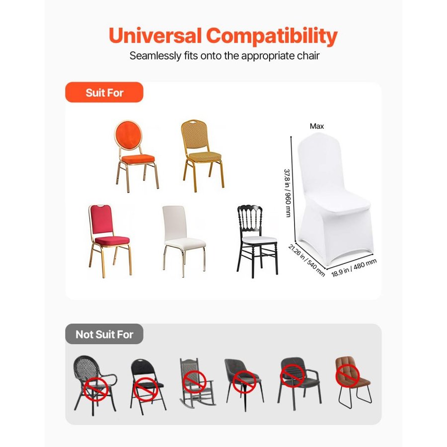 VEVOR Stretch Spandex Folding Chair Covers, Universal Fitted Chair Cover, Removable Washable Protective Slipcovers, for Wedding, Holiday, Banquet, Party, Celebration, Dining (100PCS White)