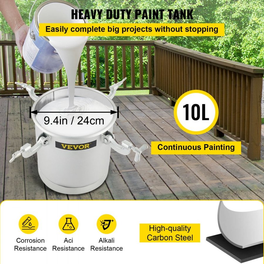VEVOR Commercial Paint Pressure Tank 2.5 Gallons Pressure Pot Tank 10L Pressure Paint Pot Feed Spray Gun 1.5mm Nozzle Paint Sprayer for 10L Capacity Painting