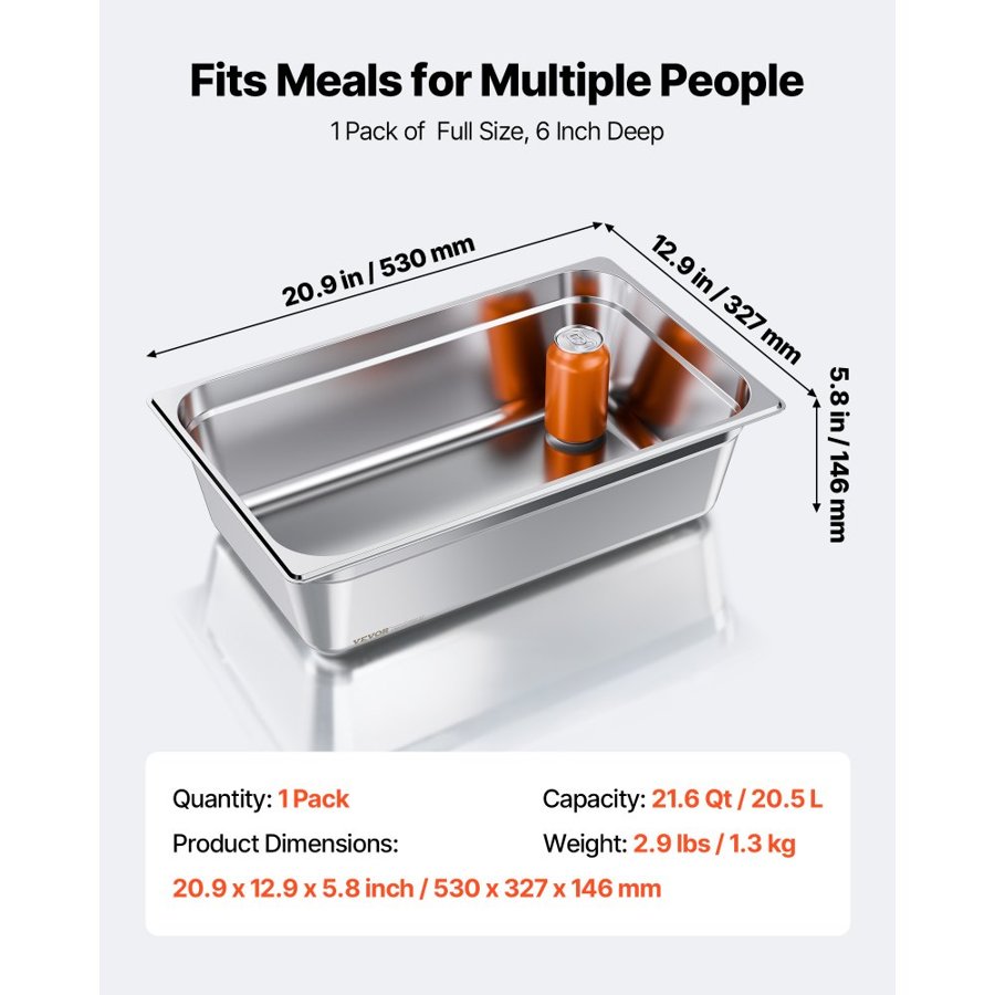 VEVOR Stainless Steel Steam Table Pan – 6" Deep, Full Size