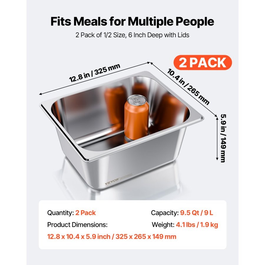 VEVOR Stainless Steel Steam Hotel Pans – 2-Pack, 9L