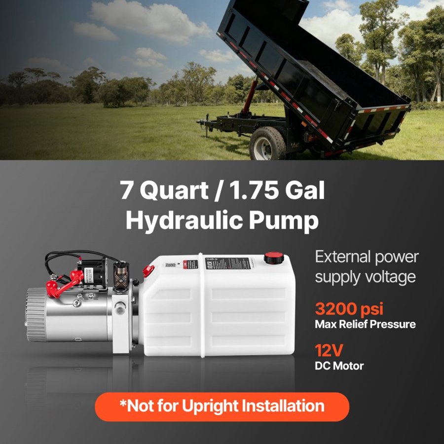 VEVOR 7L Hydraulic Pump, Single Acting Dump Trailer Pump, 22Mpa Max Relief Pressure, 3.4L/min Flow Rate, DC 12V 1.6KW Hydraulic Power Unit for Dump Trailer Car Lifting (Horizontal Installation)