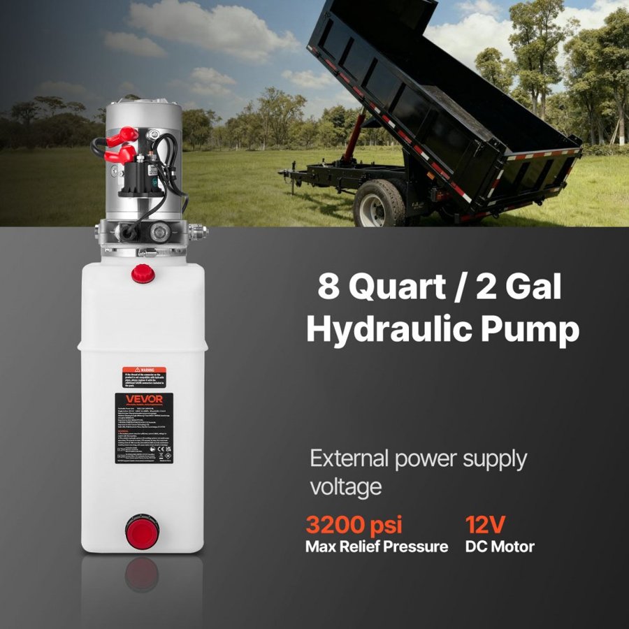 VEVOR 8 L Hydraulic Power Unit, Single Acting Dump Trailer Pump, 22 MPa Max Relief Pressure & 3.4 L/min Flow Rate, DC 12V Hydraulic Pump with Metal Reservoir for Dump Trailer Car Lifting