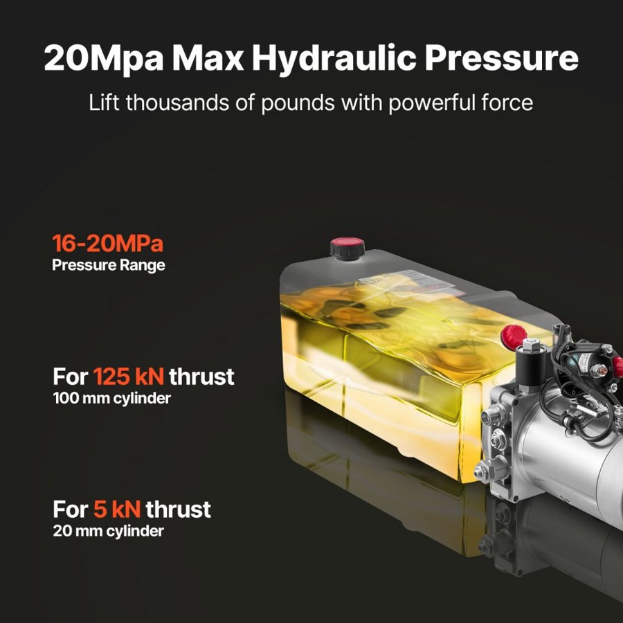 VEVOR 8 L Hydraulic Power Unit, Single Acting Dump Trailer Pump, 22 MPa Max Relief Pressure & 3.4 L/min Flow Rate, DC 12V Hydraulic Pump with Metal Reservoir for Dump Trailer Car Lifting