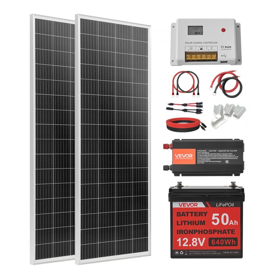 VVEVOR 200W 12V Complete Solar Power Kit, 2PCS 100W Monocrystalline Solar Panels + 12.8V 50Ah LiFePO₄ Battery + 40A Charge Controller + 800W Power Inverter, Ideal for RV Home Camping Boat Off-Grid