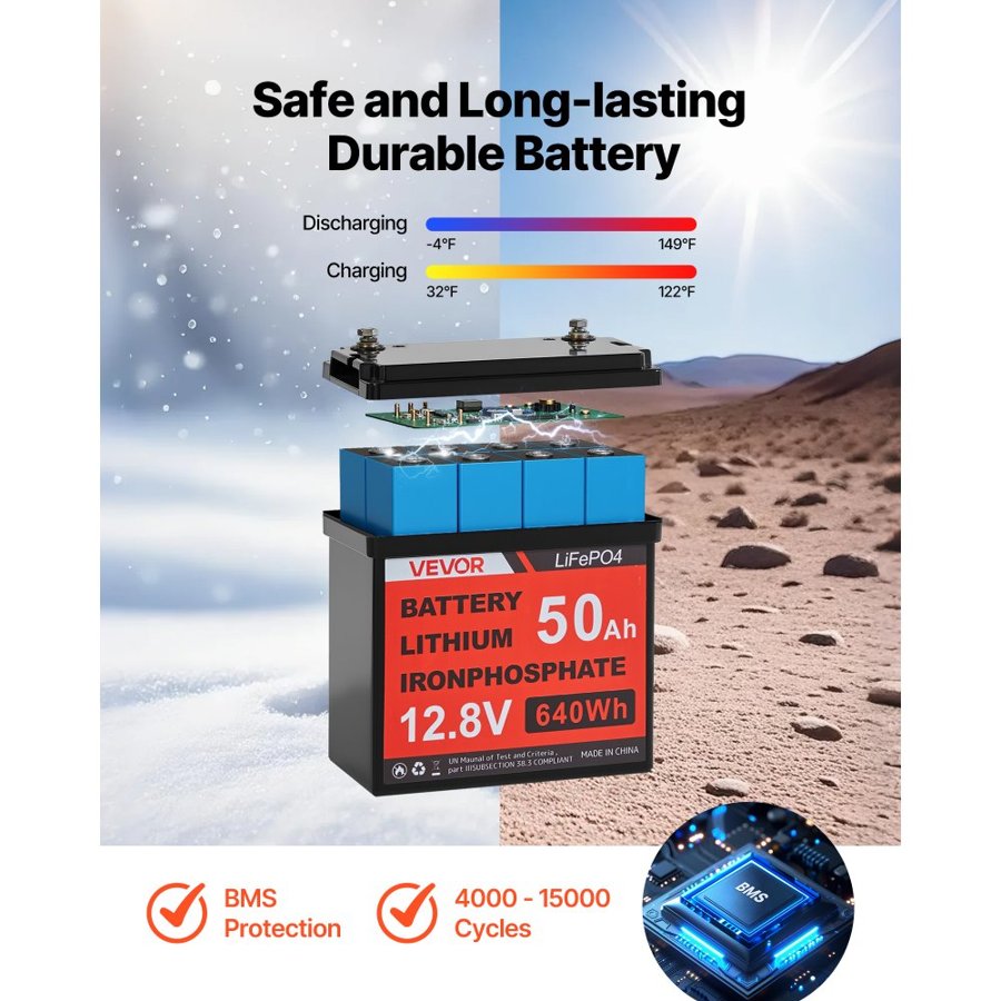 VVEVOR 200W 12V Complete Solar Power Kit, 2PCS 100W Monocrystalline Solar Panels + 12.8V 50Ah LiFePO₄ Battery + 40A Charge Controller + 800W Power Inverter, Ideal for RV Home Camping Boat Off-Grid