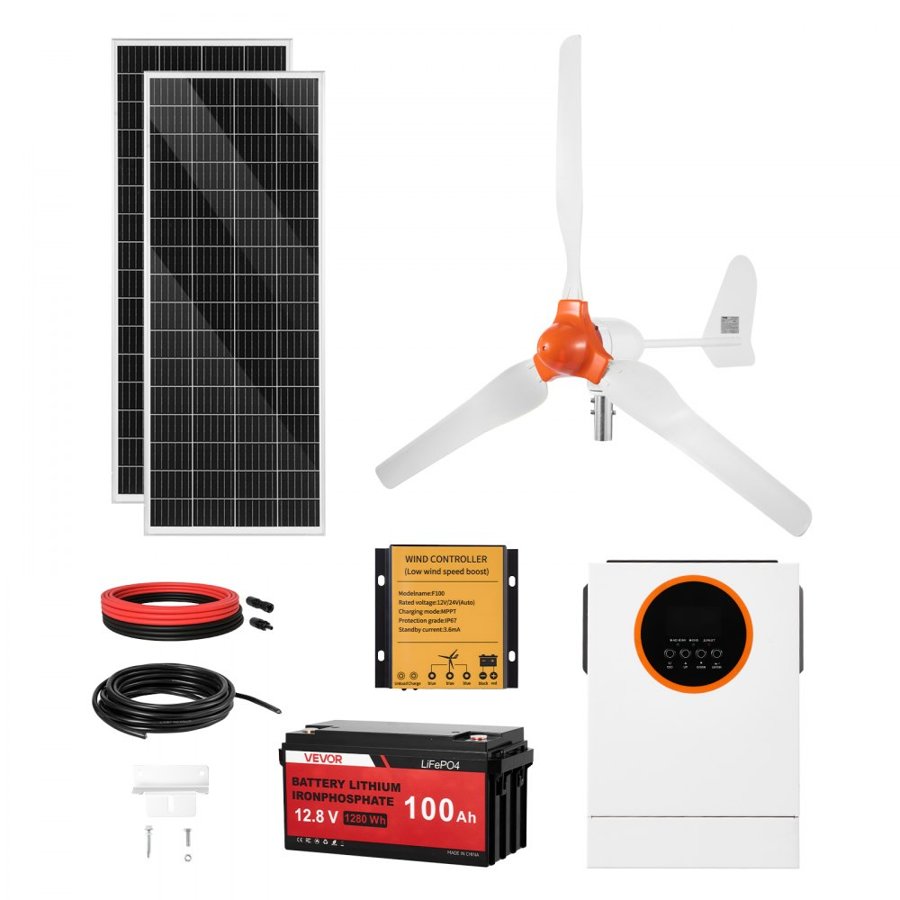 VEVOR 12V 600W Solar Wind Power Kit, 2PCS 100W Monocrystalline Panel + 400W Wind Turbine & Controller + 12.8V 100Ah LiFePO4 Battery + 1000W Hybrid Solar Inverter for Home RV Boat Camping Off-Grid