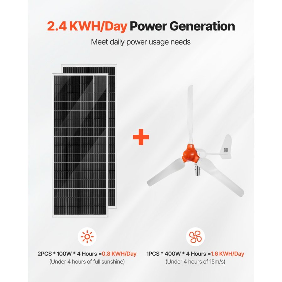 VEVOR 12V 600W Solar Wind Power Kit, 2PCS 100W Monocrystalline Panel + 400W Wind Turbine & Controller + 12.8V 100Ah LiFePO4 Battery + 1000W Hybrid Solar Inverter for Home RV Boat Camping Off-Grid