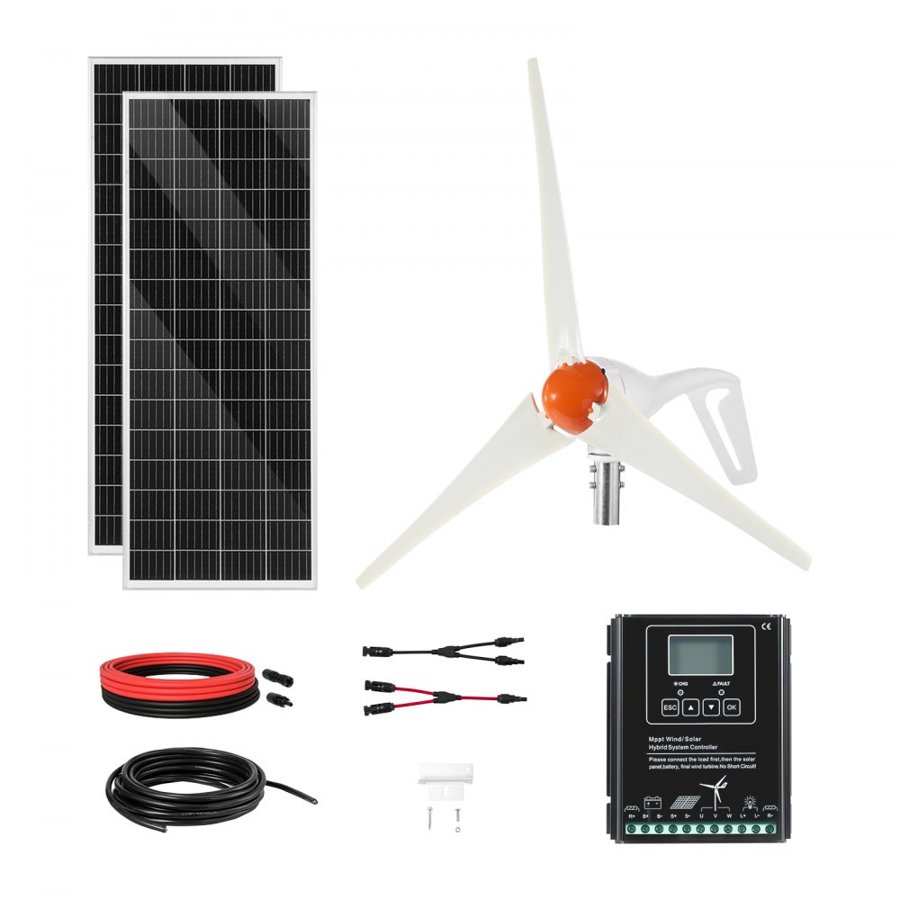 VEVOR 12V 400W Solar Wind Power Kit, 2PCS 100W Monocrystalline Solar Panels + 200W Wind Turbine + MPPT Wind/Solar Hybrid System Controller for Home RV Boat Camping Off-Grid Applications
