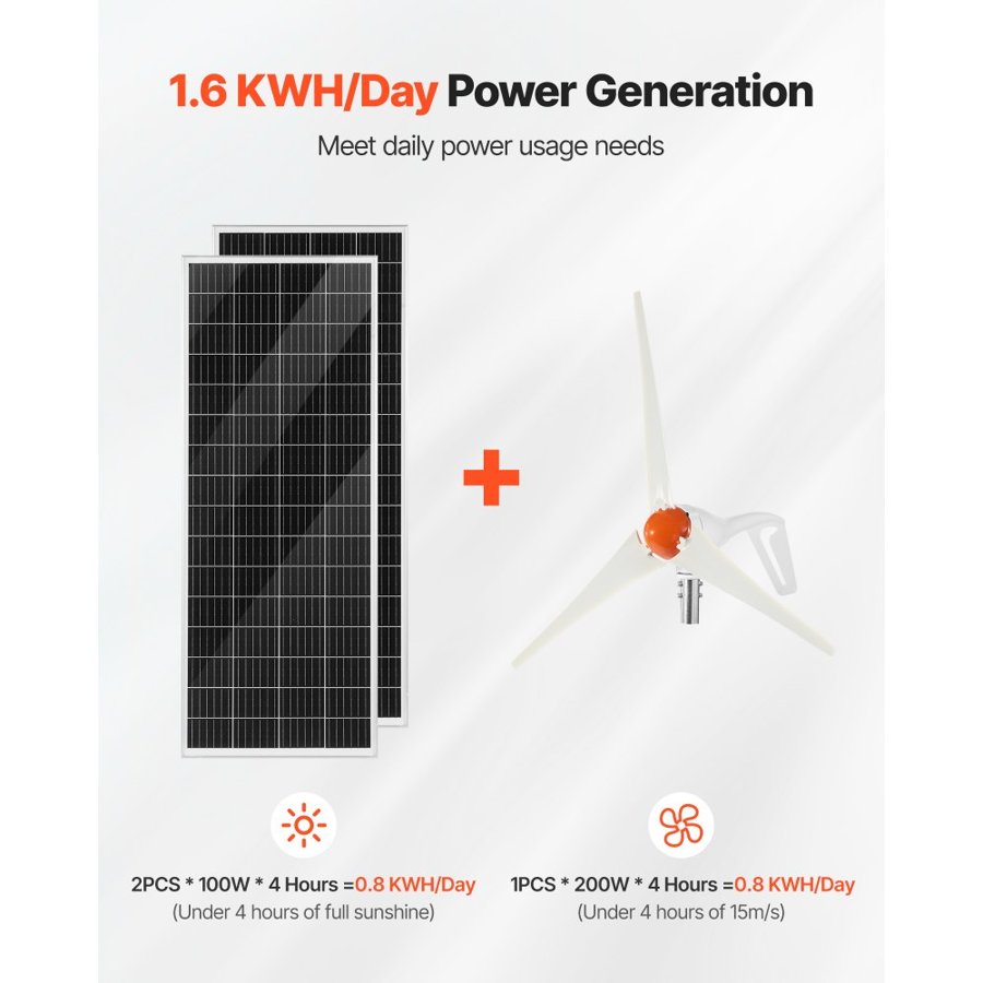 VEVOR 12V 400W Solar Wind Power Kit, 2PCS 100W Monocrystalline Solar Panels + 200W Wind Turbine + MPPT Wind/Solar Hybrid System Controller for Home RV Boat Camping Off-Grid Applications