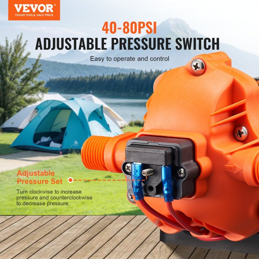 VEVOR 12V Diaphragm Pump, 3 GPM (11.36 L/min), 3-Chamber 12 Volt DC Water Pump with Automatic Pressure Switch 2.7-6.9 bar(40-100 PSI) Adjustable, 3.4 bar(50 PSI), 12.7mm(1/2") MNPT Port, for RV Yacht Food Truck Camper Marine