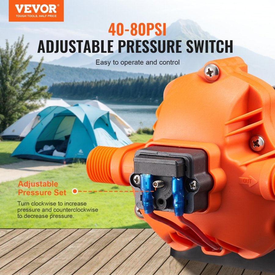 VEVOR 12V Diaphragm Pump 3.5 GPM (13.25 L/min) 3-Chamber DC Water Pump, for RV Yacht Food Truck Camper Marine, with Automatic Pressure Switch 40-100 PSI Adjustable, 1/2 in MNPT Inlet/Outlet Size
