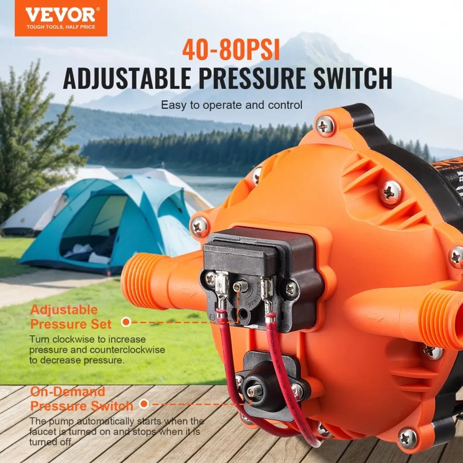 VEVOR 12V Diaphragm Pump 5 GPM (18.93 L/min) 5-Chamber 12Volt DC Water Pump, for RV Yacht Food Truck Camper Marine, with Automatic Pressure Switch 40-100 PSI Adjustable, 1/2 in MNPT Inlet/Outlet Size