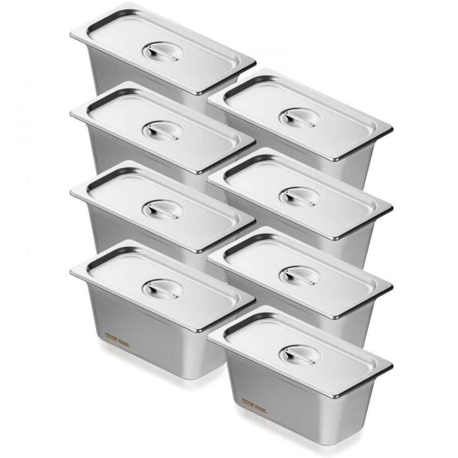VEVOR 8 Pack Hotel Pans, 1/3 Size Anti-Jam Steam Pan with Lid, 0.8mm Thick Stainless Steel Steam Table Pan, 6-Inch Deep Commercial Table Pan, Catering Storage Food Pan, for Industrial & Scientific