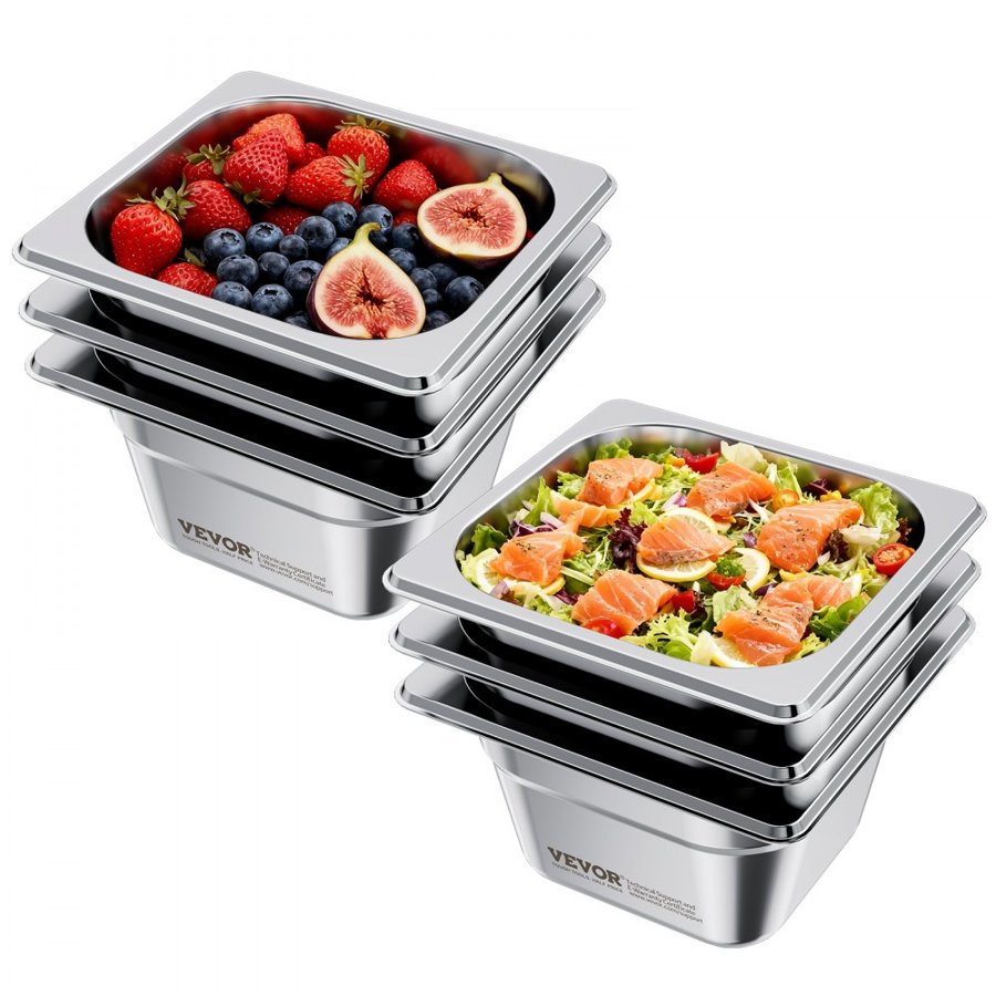 VEVOR 4 Inch Hotel Pan – 1/6 Size, 6-Pack Stainless Steel