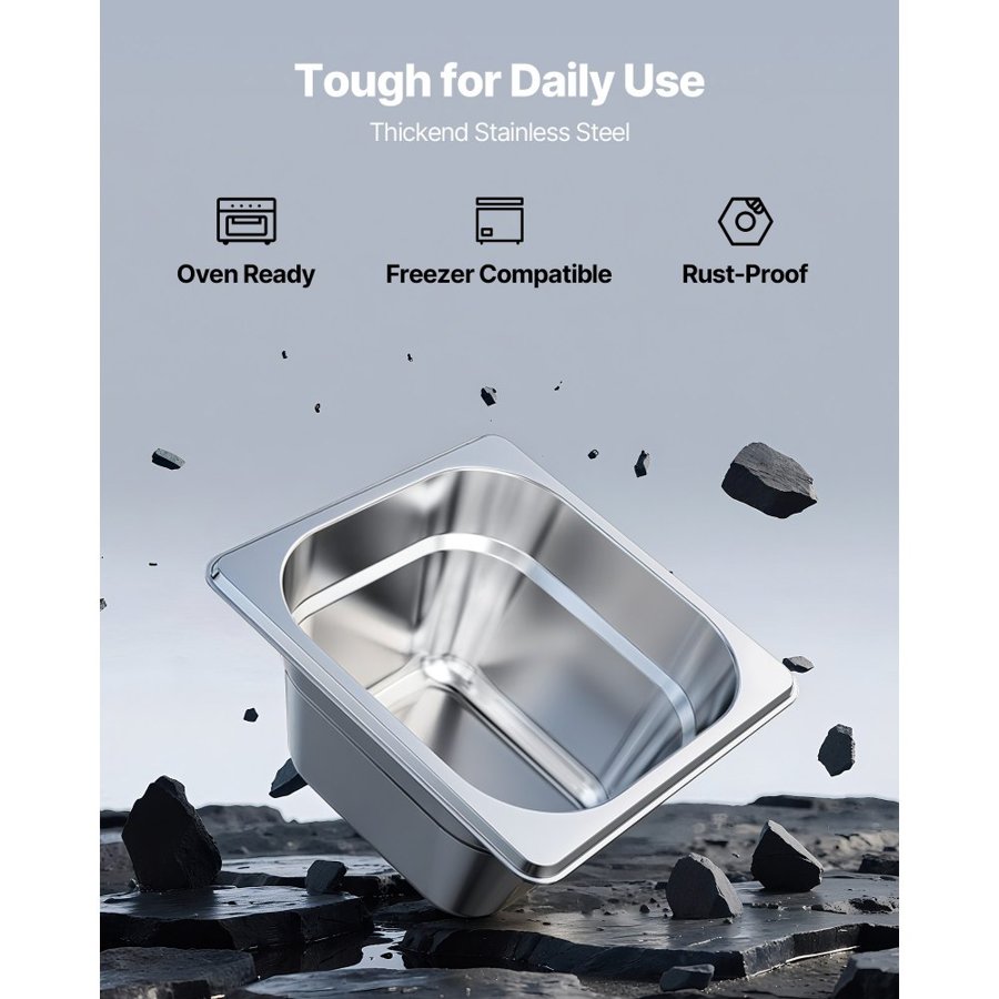 VEVOR 4 Inch Hotel Pan – 1/6 Size, 6-Pack Stainless Steel
