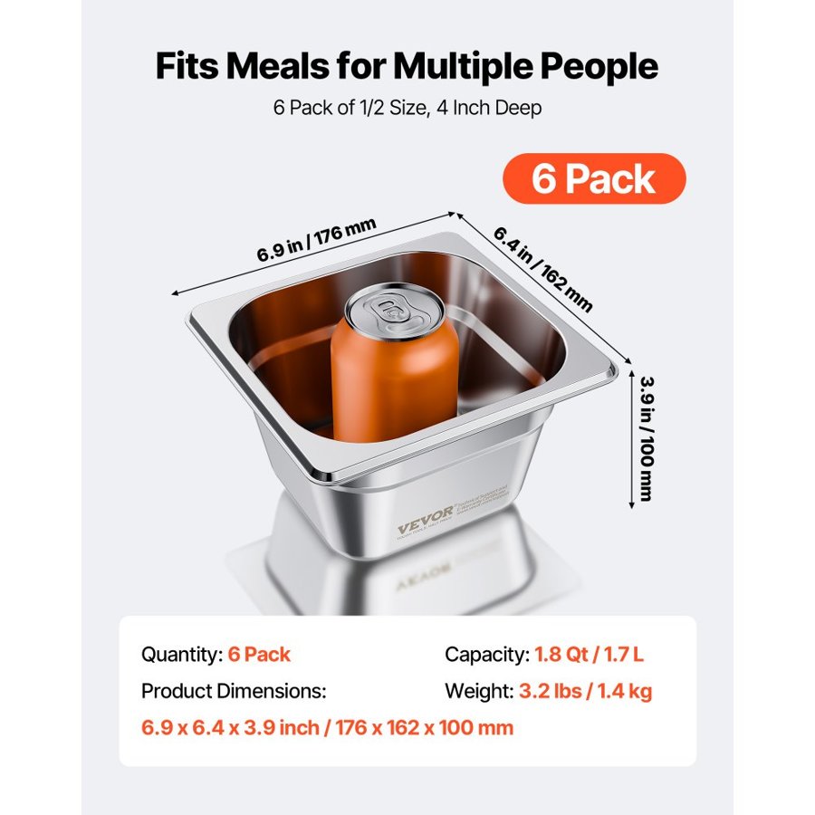 VEVOR 4 Inch Hotel Pan – 1/6 Size, 6-Pack Stainless Steel
